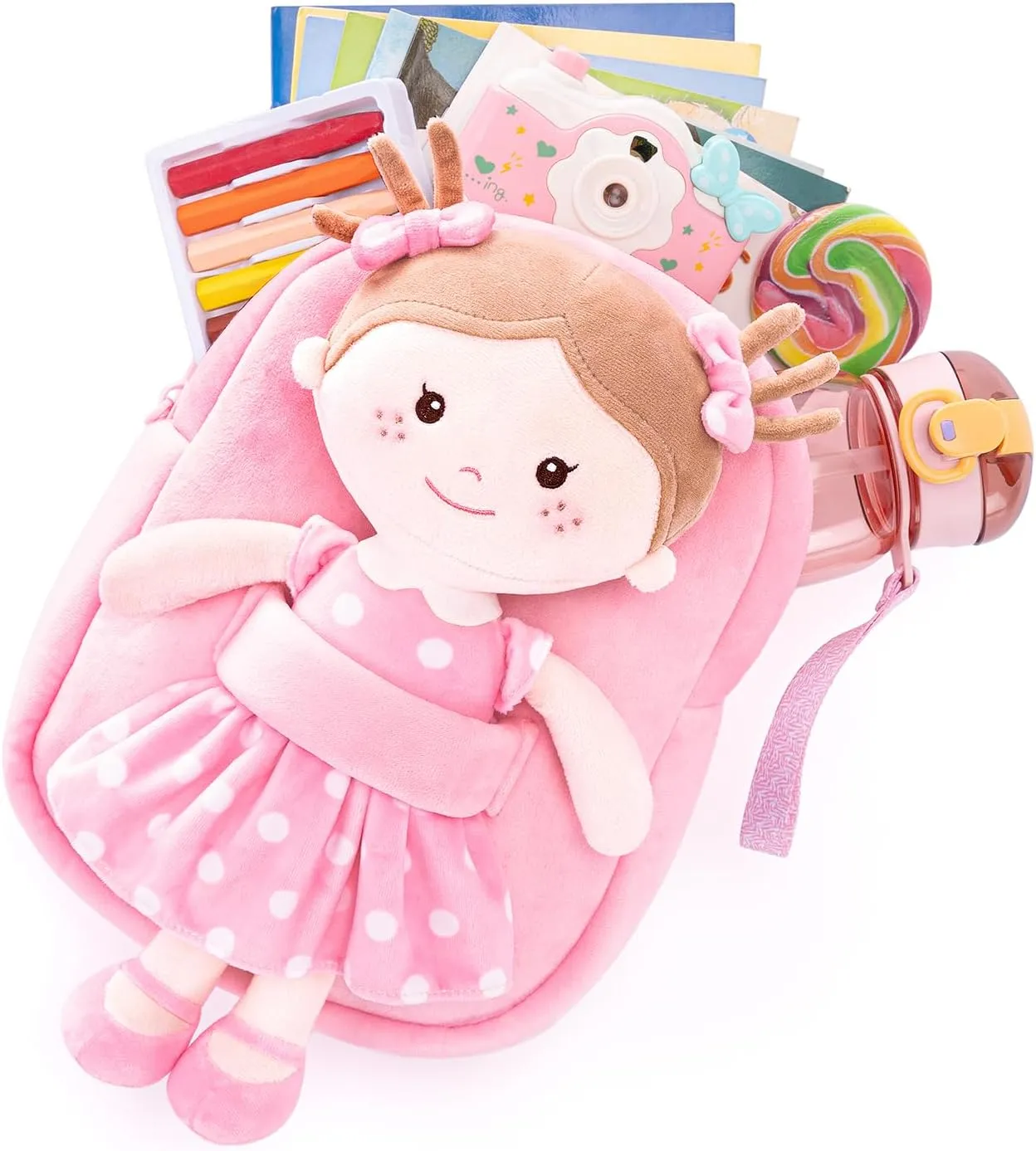 Onetoo Toddler Backpack Kids Backpacks with Soft Light Baby Dolls in Pink Polka Dots Dress 9.5"