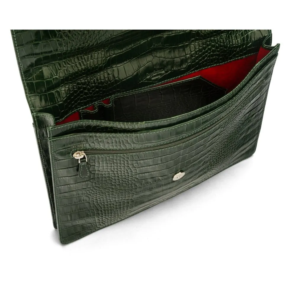 Oxford Leather Briefcase - Green Croc-Effect
