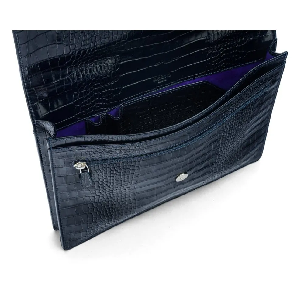 Oxford Leather Briefcase - Navy Croc-Effect