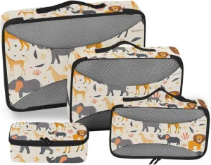 Packing Cubes for Travel 4 Set Lion Elephant Gazelle Beige Luggage Set Suitcase Organizer Bags Mesh Accessories Storage Pouch Toiletry Packing Cubes