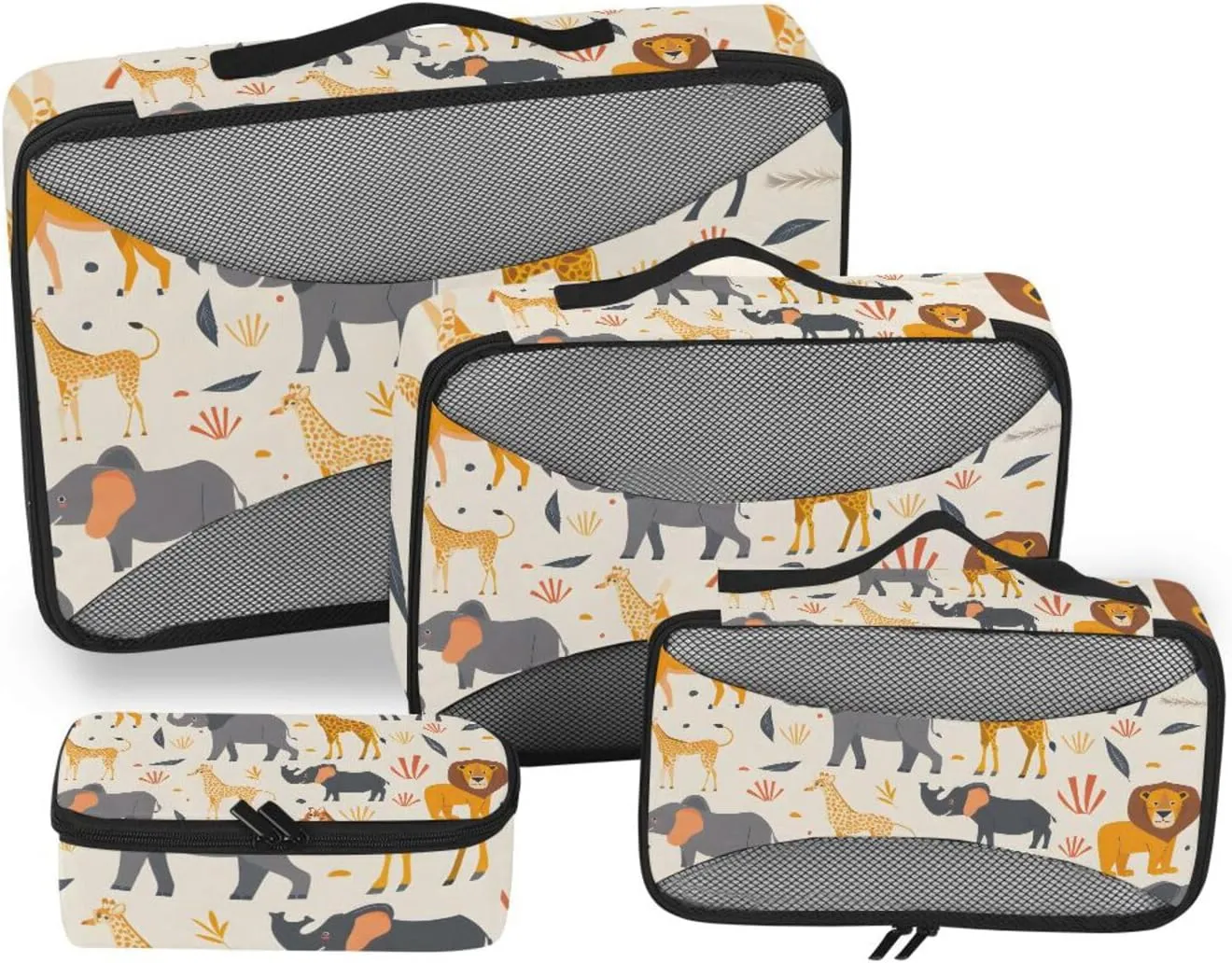 Packing Cubes for Travel 4 Set Lion Elephant Gazelle Beige Luggage Set Suitcase Organizer Bags Mesh Accessories Storage Pouch Toiletry Packing Cubes