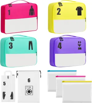 Packing Cubes for Travel Kids & Adults - Colorful Travel Bags Organizer Luggage Carry-on & Backpacks - Multi-color Lightweight Clothing Organizer with Internal Pockets Pink Yellow Green Purple