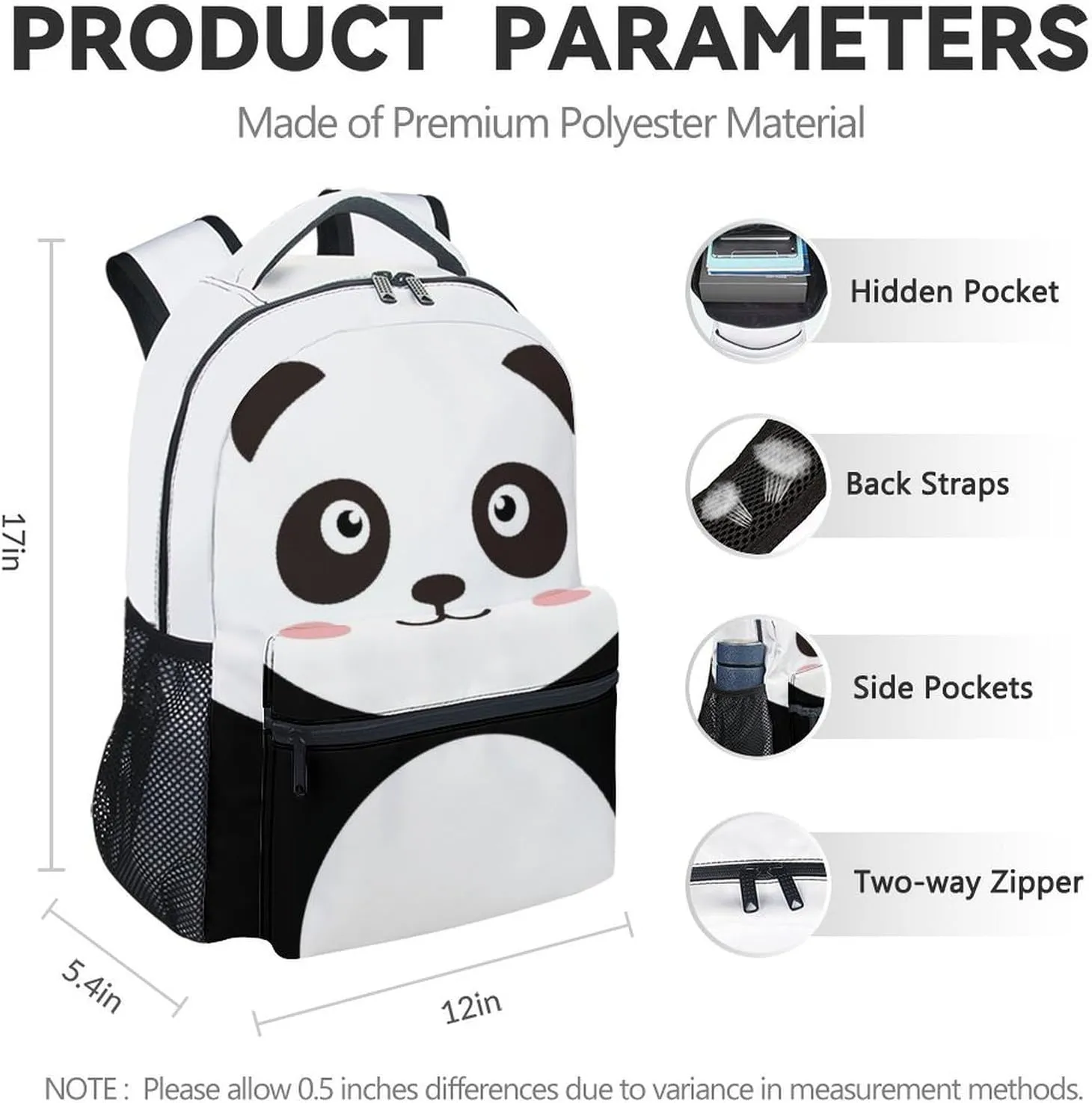 Panda Backpack for Boys, 17 Inch White Backpacks for Kindergarten, Cute Durable Bookbag for Teens