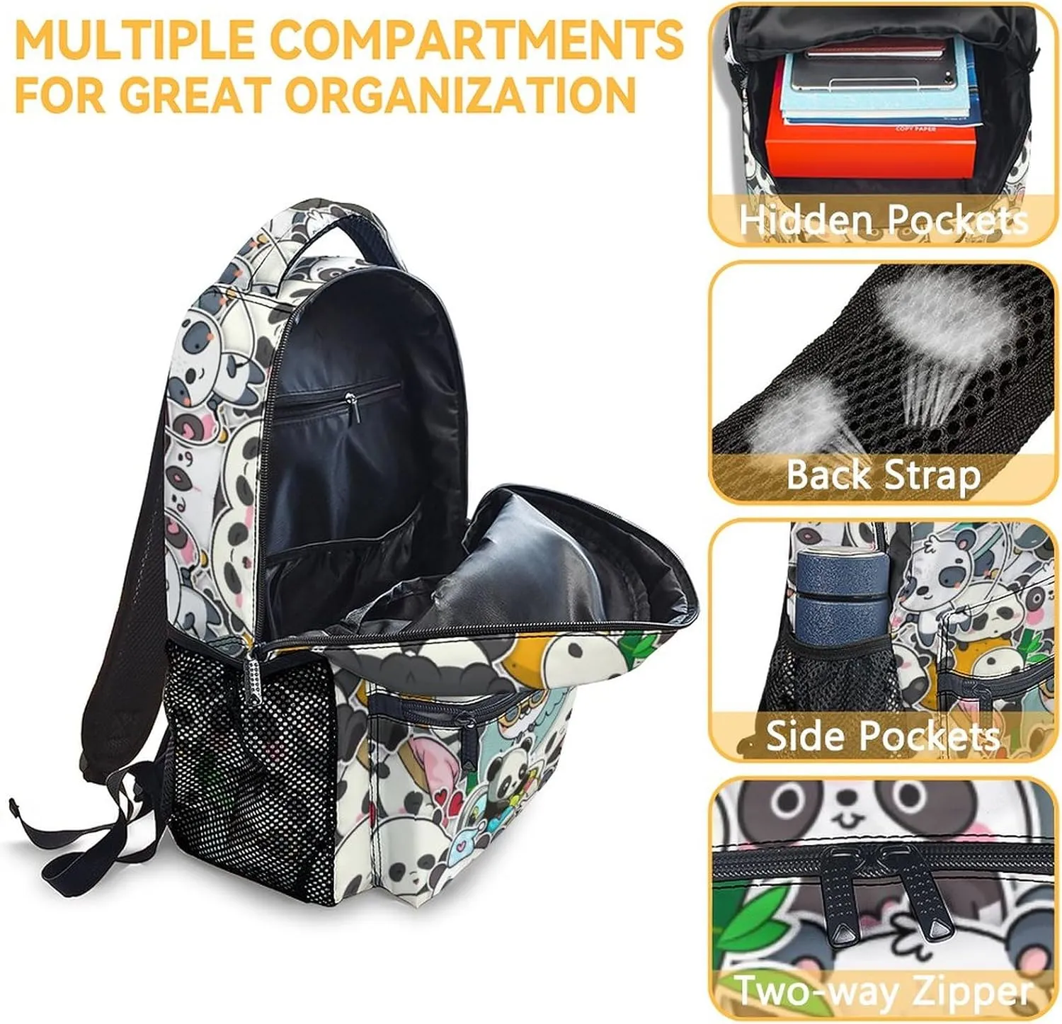 Panda Backpack for Girls Boys, 16 Inch Black Backpacks for School, Cute Lightweight Durable Bookbag for Kids