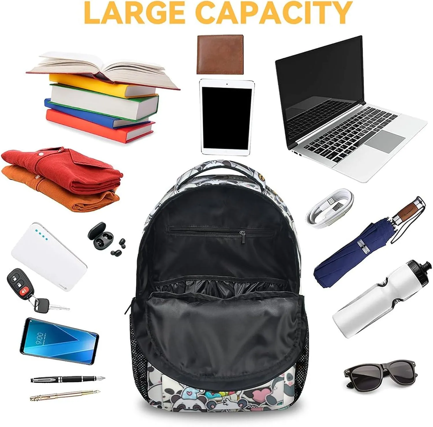 Panda Backpack for Girls Boys, 16 Inch Black Backpacks for School, Cute Lightweight Durable Bookbag for Kids