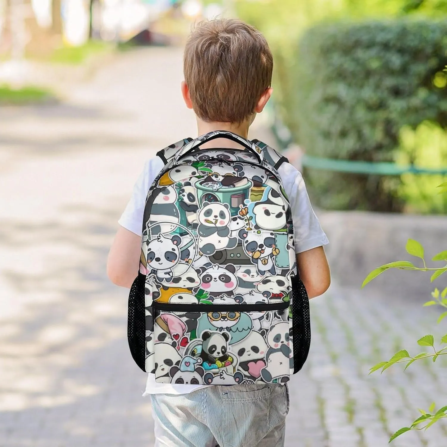Panda Backpack for Girls Boys, 16 Inch Black Backpacks for School, Cute Lightweight Durable Bookbag for Kids