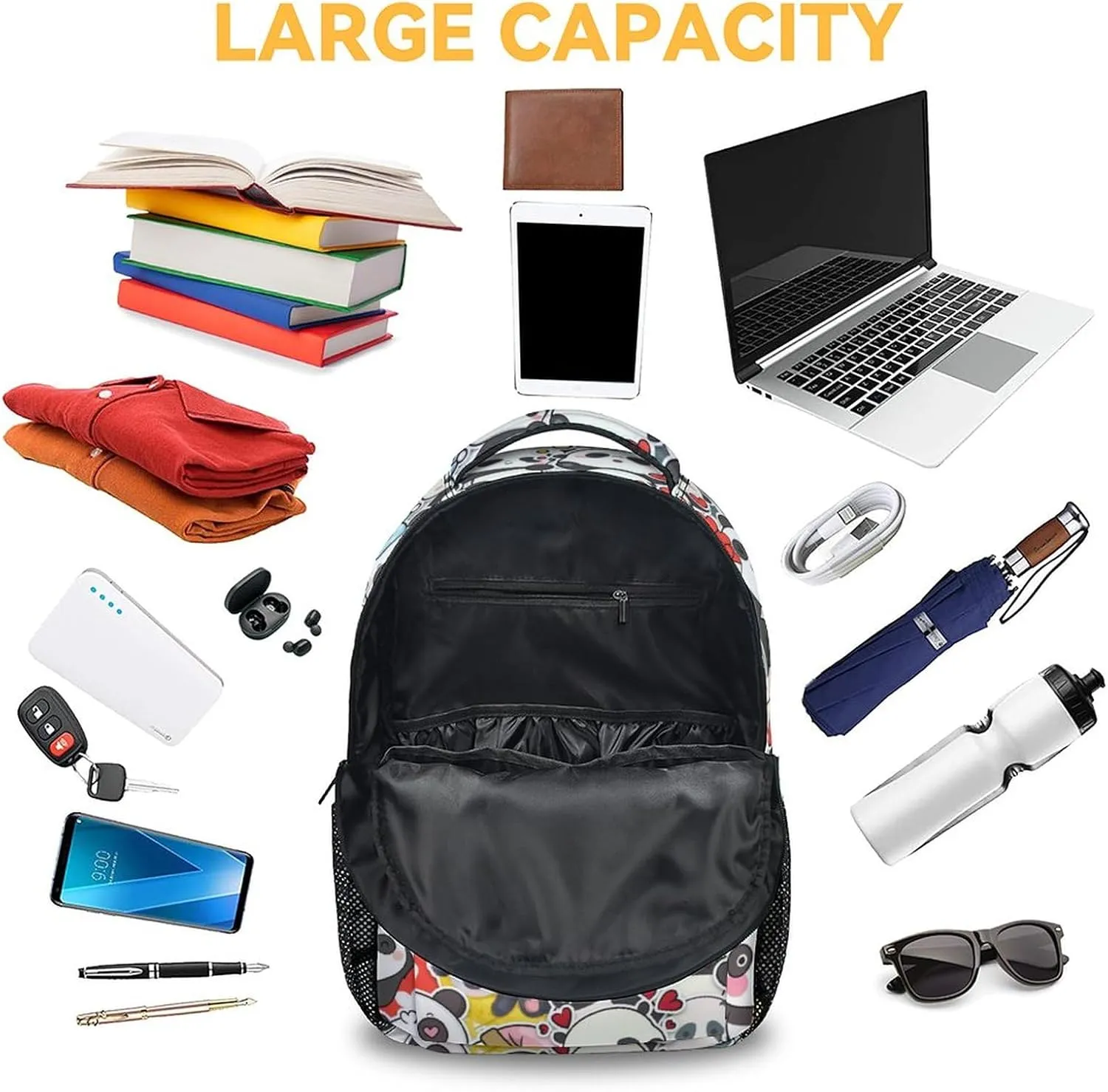 Panda Backpacks for Girls, Boys - 16 Inch Cute Backpack for School - Black, Large Capacity, Durable, Lightweight Bookbag for Kids Travel