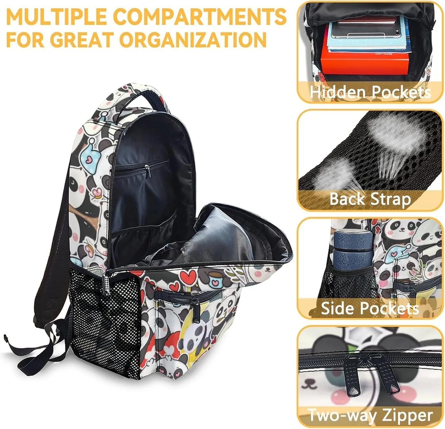 Panda Backpacks for Girls, Boys - 16 Inch Cute Backpack for School - Black, Large Capacity, Durable, Lightweight Bookbag for Kids Travel