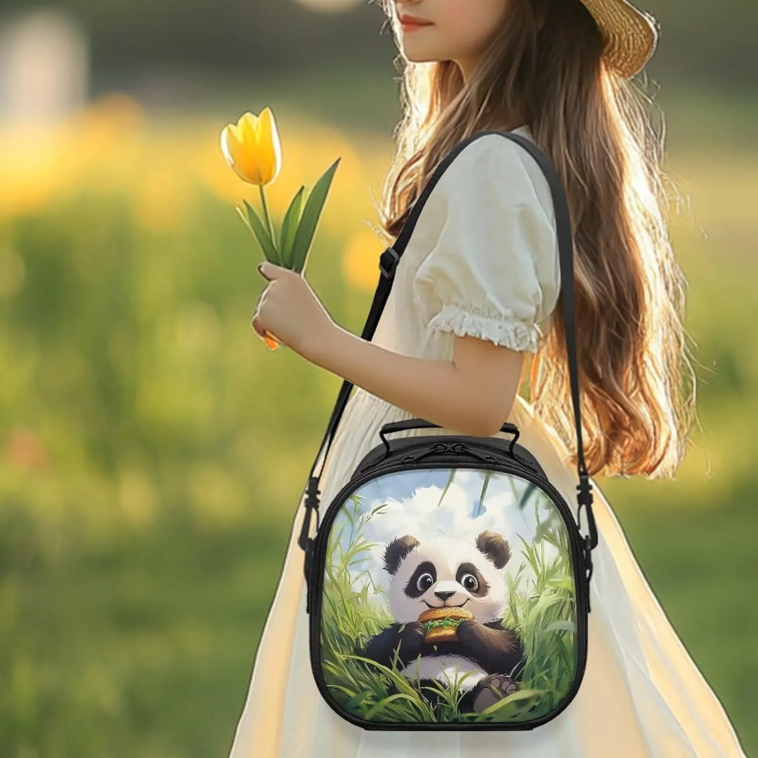 Panda Burger Insulated Lunch Bag with Shoulder Strap Preppy Lunch Box for Teen Girls Lunchbox for Girl Capable of Strap Portable Thermal Lightweight Leakproof Easy-to-Clean School