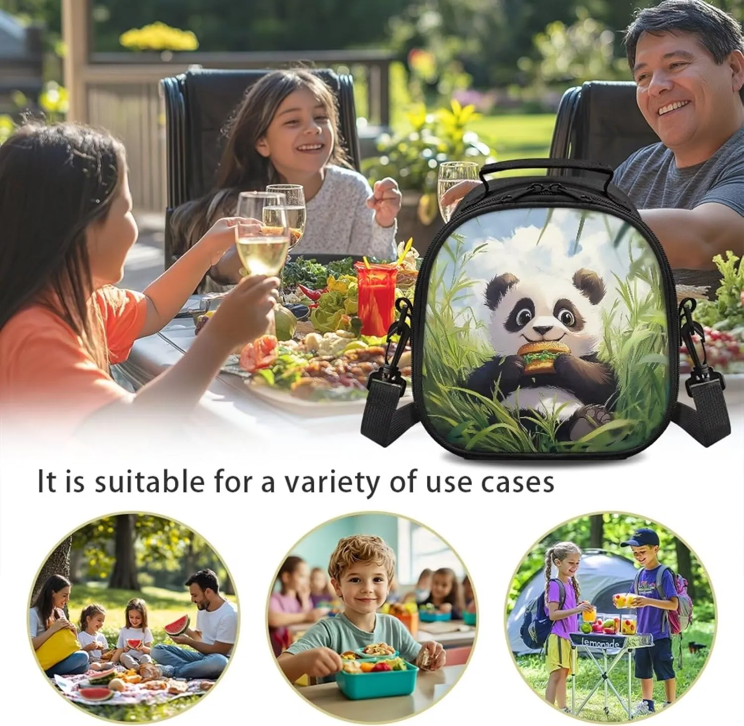 Panda Burger Insulated Lunch Bag with Shoulder Strap Preppy Lunch Box for Teen Girls Lunchbox for Girl Capable of Strap Portable Thermal Lightweight Leakproof Easy-to-Clean School