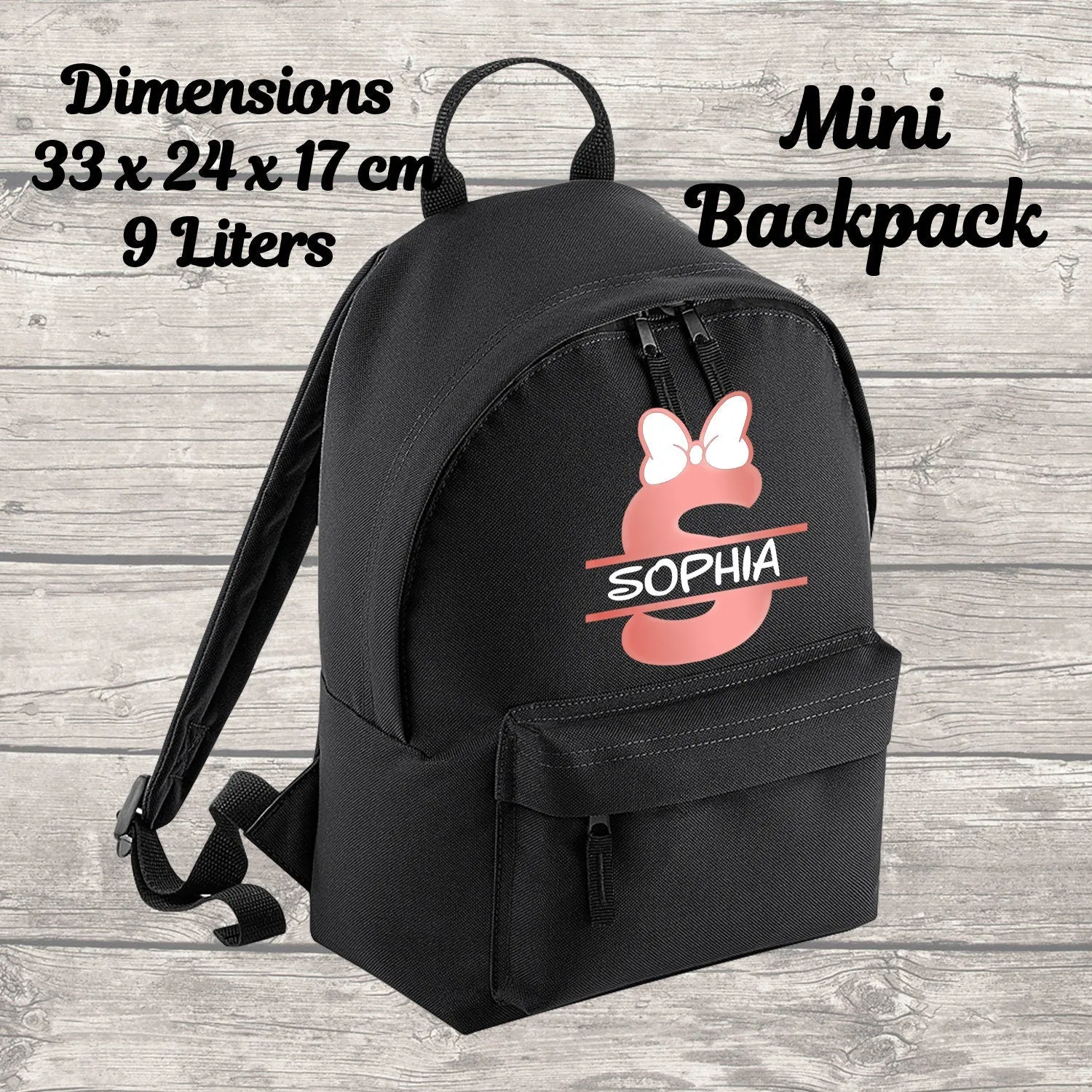 Personalised 9 Litre Backpack - Water Bottle - Lunch Bag - Pencil Case - Back To School - Name, Initial Bow in Rose Gold Print