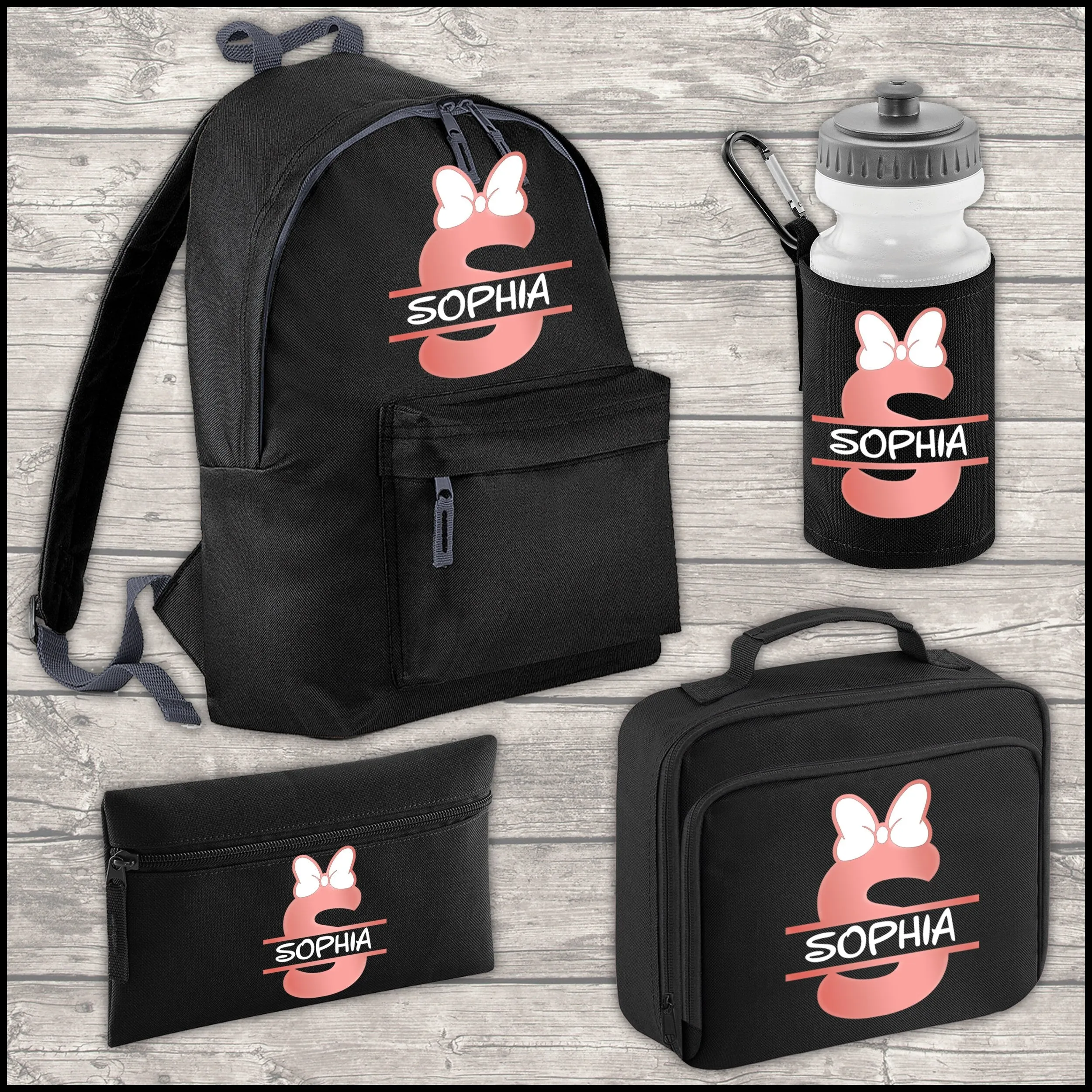 Personalised 9 Litre Backpack - Water Bottle - Lunch Bag - Pencil Case - Back To School - Name, Initial Bow in Rose Gold Print