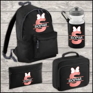 Personalised 9 Litre Backpack - Water Bottle - Lunch Bag - Pencil Case - Back To School - Name, Initial Bow in Rose Gold Print