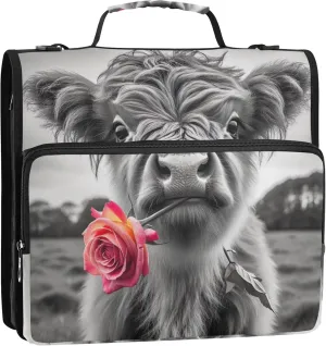 Personalized 1.5 Inch 3 Ring Binders Heavy Duty Cute Highland Cow Calf Zipper Binder Organizer Storage Portfolio Folder with Handle School Binder Bag with Shoulder Strap