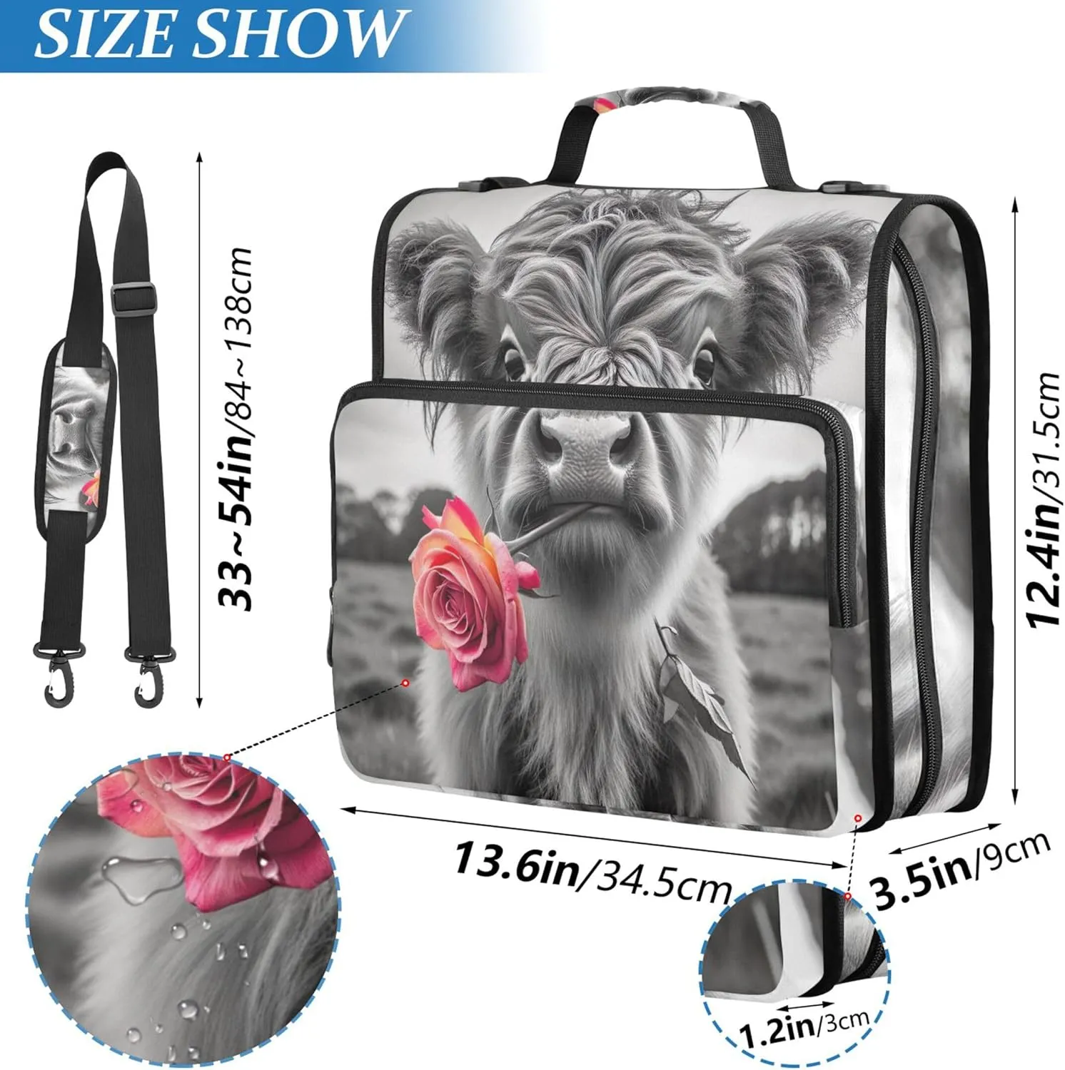 Personalized 1.5 Inch 3 Ring Binders Heavy Duty Cute Highland Cow Calf Zipper Binder Organizer Storage Portfolio Folder with Handle School Binder Bag with Shoulder Strap