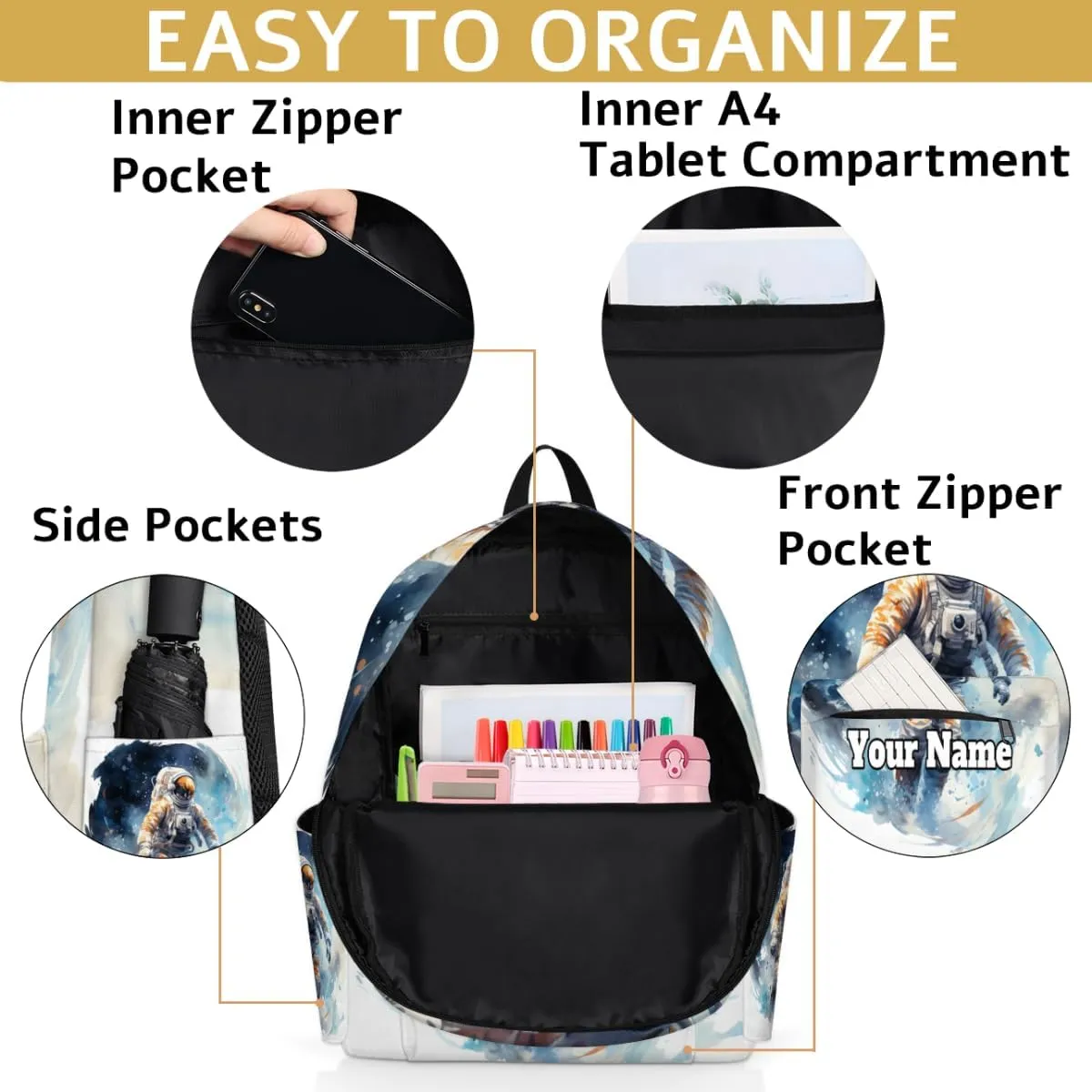 Personalized Astronaut Preschool Toddler Backpack for Boys Girls Custom Kids Name Small Bookbags Kindergarten Elementary Backpack, Outer Space
