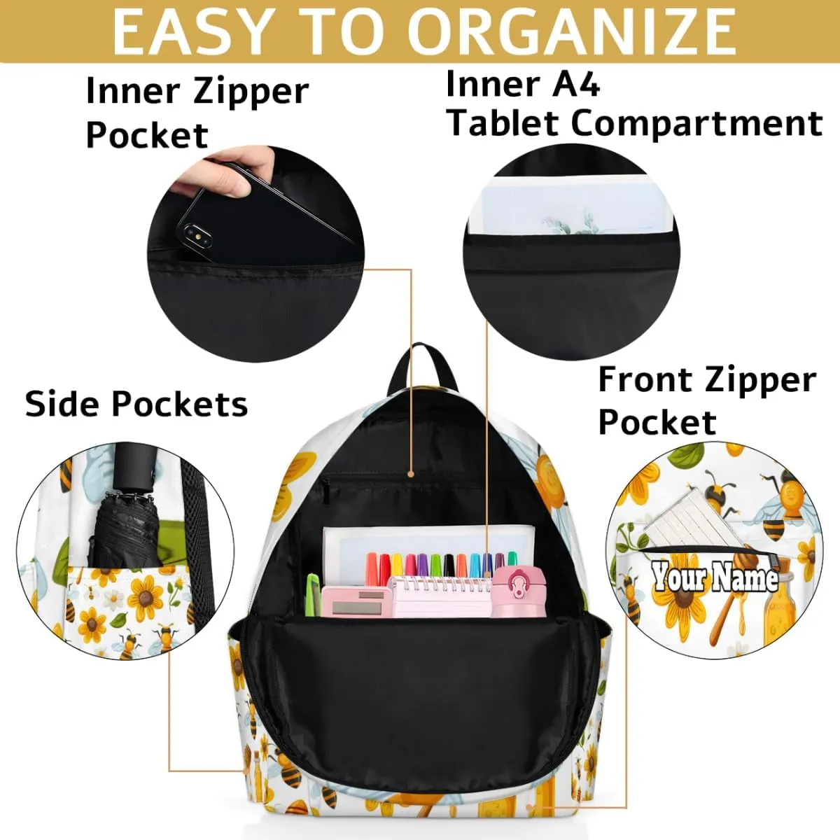 Personalized Bee Sunflower Preschool Toddler Backpack for Boys Girls Custom Kids Name Small Bookbags Kindergarten Elementary Backpack, Honey Bee