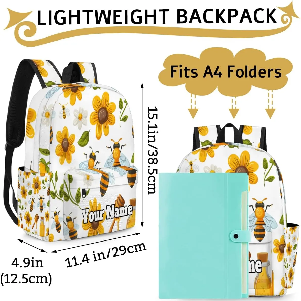 Personalized Bee Sunflower Preschool Toddler Backpack for Boys Girls Custom Kids Name Small Bookbags Kindergarten Elementary Backpack, Honey Bee