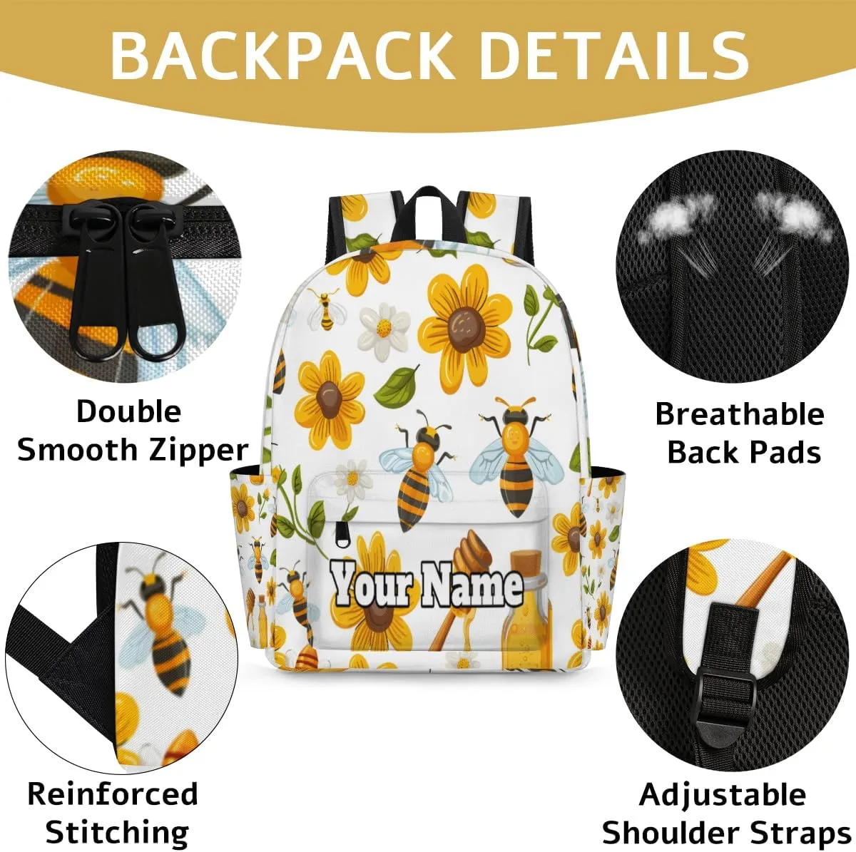 Personalized Bee Sunflower Preschool Toddler Backpack for Boys Girls Custom Kids Name Small Bookbags Kindergarten Elementary Backpack, Honey Bee