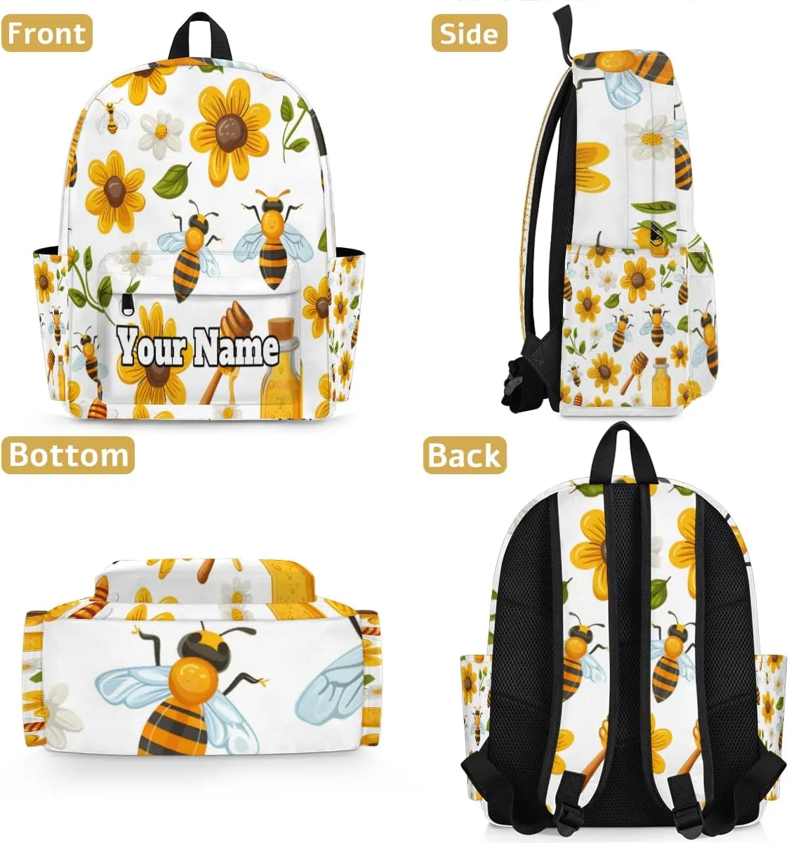 Personalized Bee Sunflower Preschool Toddler Backpack for Boys Girls Custom Kids Name Small Bookbags Kindergarten Elementary Backpack, Honey Bee