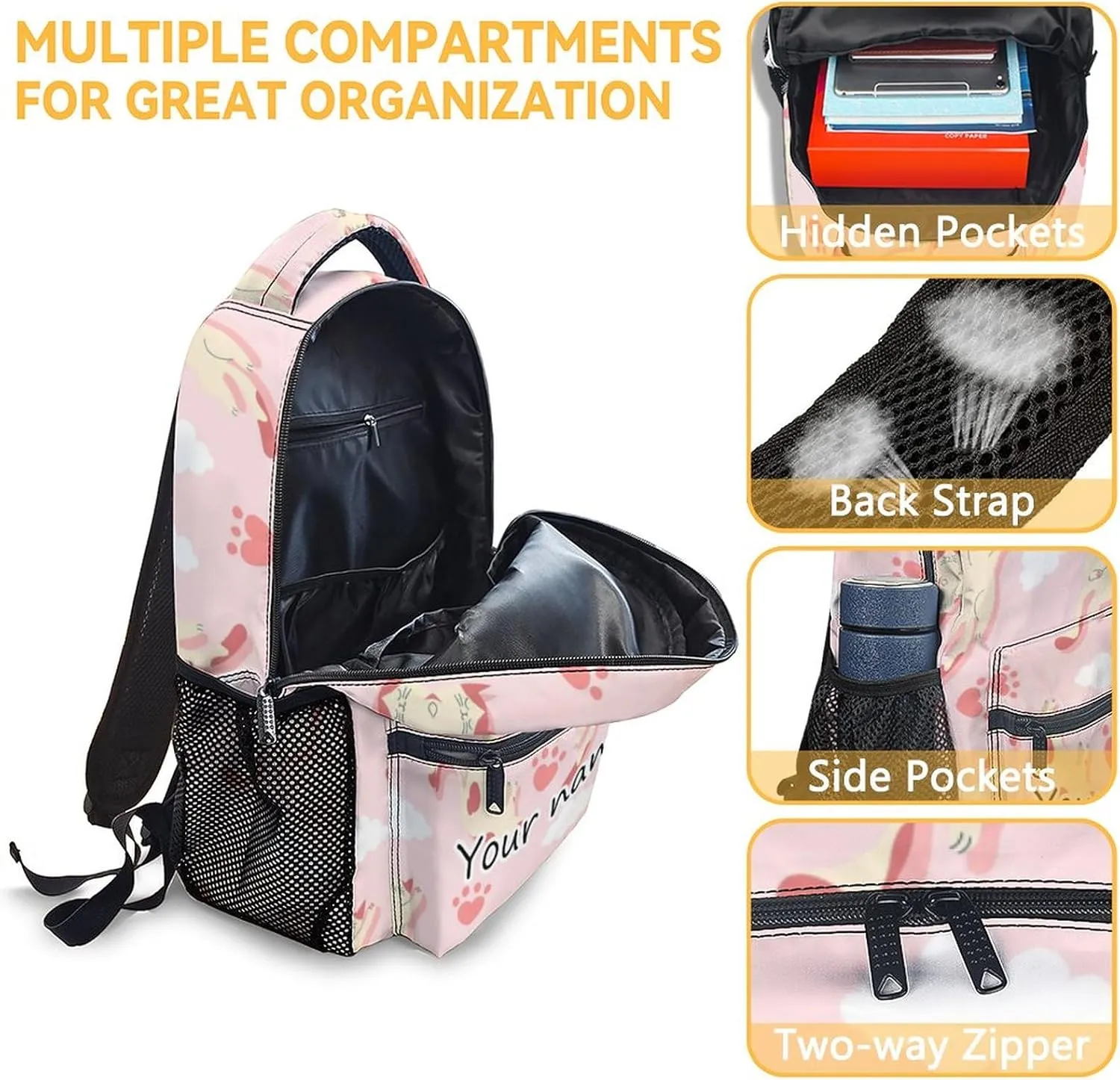 Personalized Cat Girls Backpack for School with Name, 16 Inch Pink Backpacks for Kids, Cute Lightweight Durable Bookbag for Travel