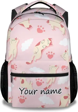 Personalized Cat Girls Backpack for School with Name, 16 Inch Pink Backpacks for Kids, Cute Lightweight Durable Bookbag for Travel