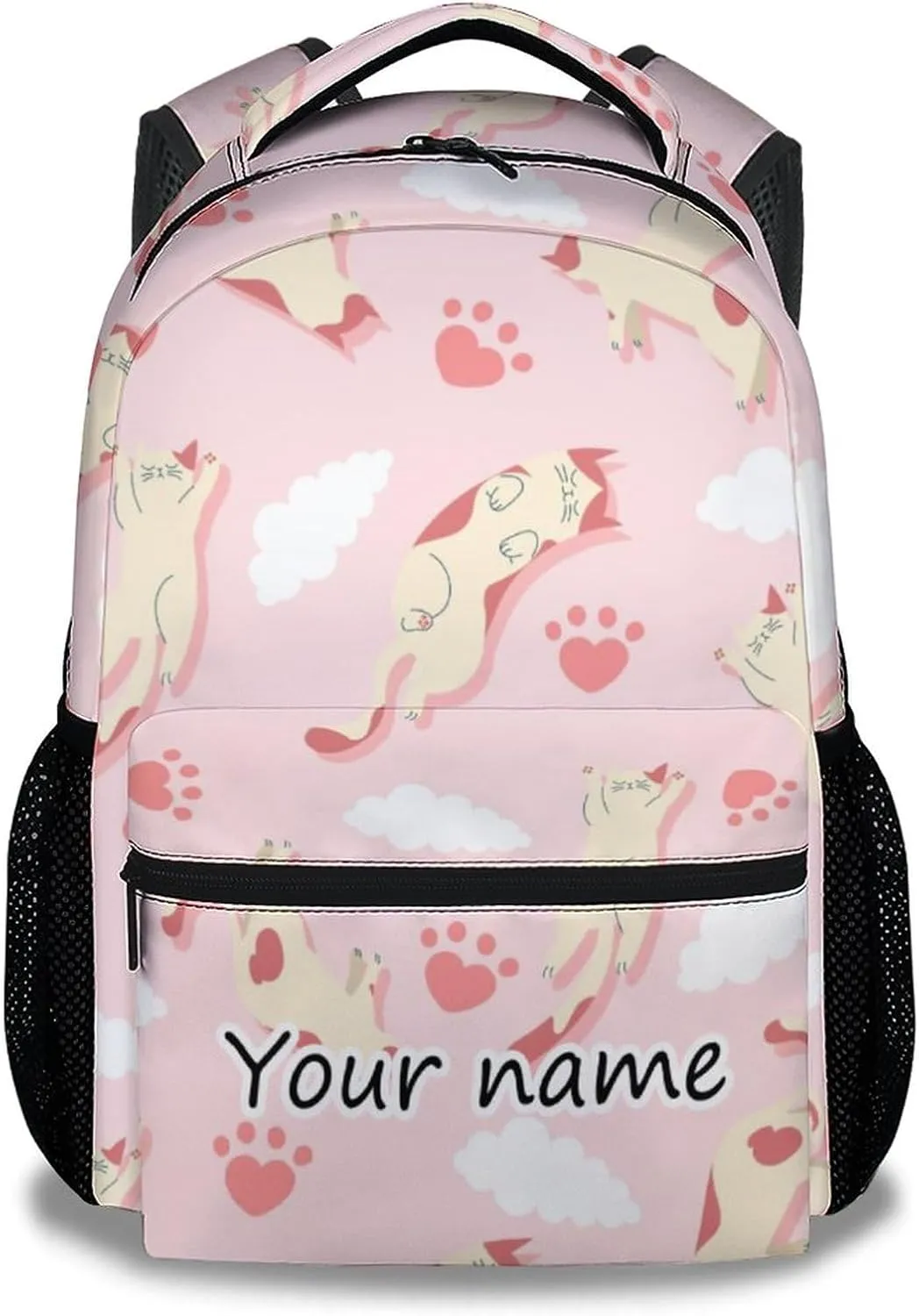 Personalized Cat Girls Backpack for School with Name, 16 Inch Pink Backpacks for Kids, Cute Lightweight Durable Bookbag for Travel