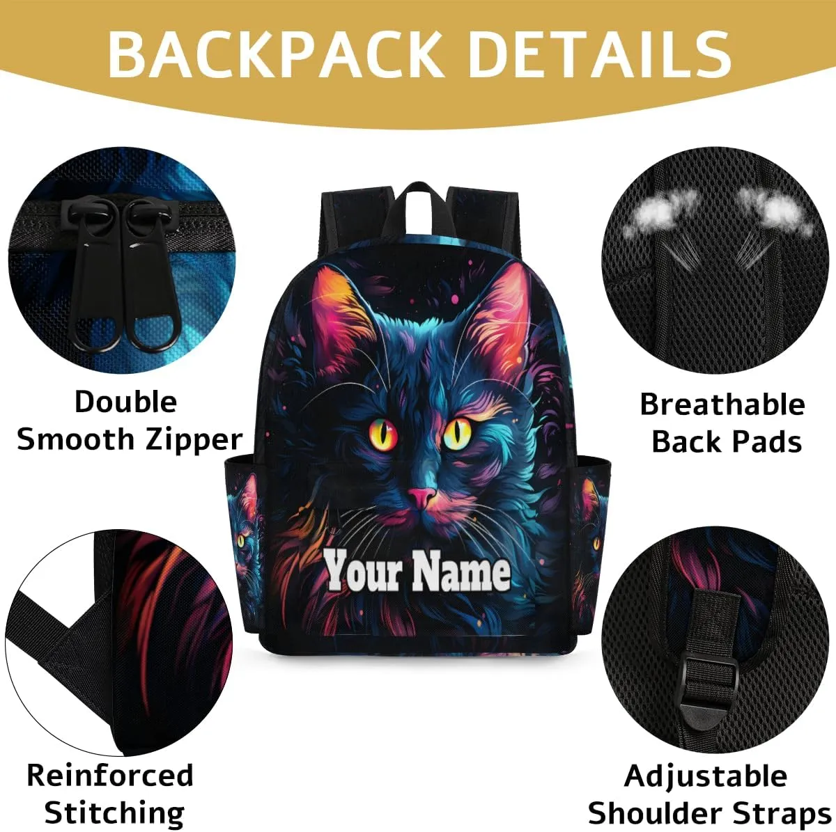 Personalized Cat Patterns Preschool Toddler Backpack for Boys Girls Custom Kids Name Small Bookbags Kindergarten Elementary Backpack, Black Cat
