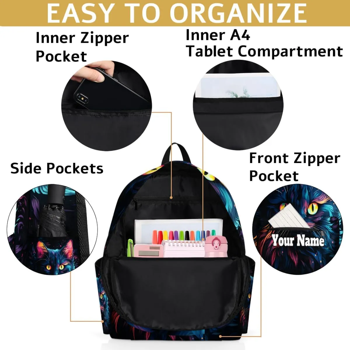 Personalized Cat Patterns Preschool Toddler Backpack for Boys Girls Custom Kids Name Small Bookbags Kindergarten Elementary Backpack, Black Cat