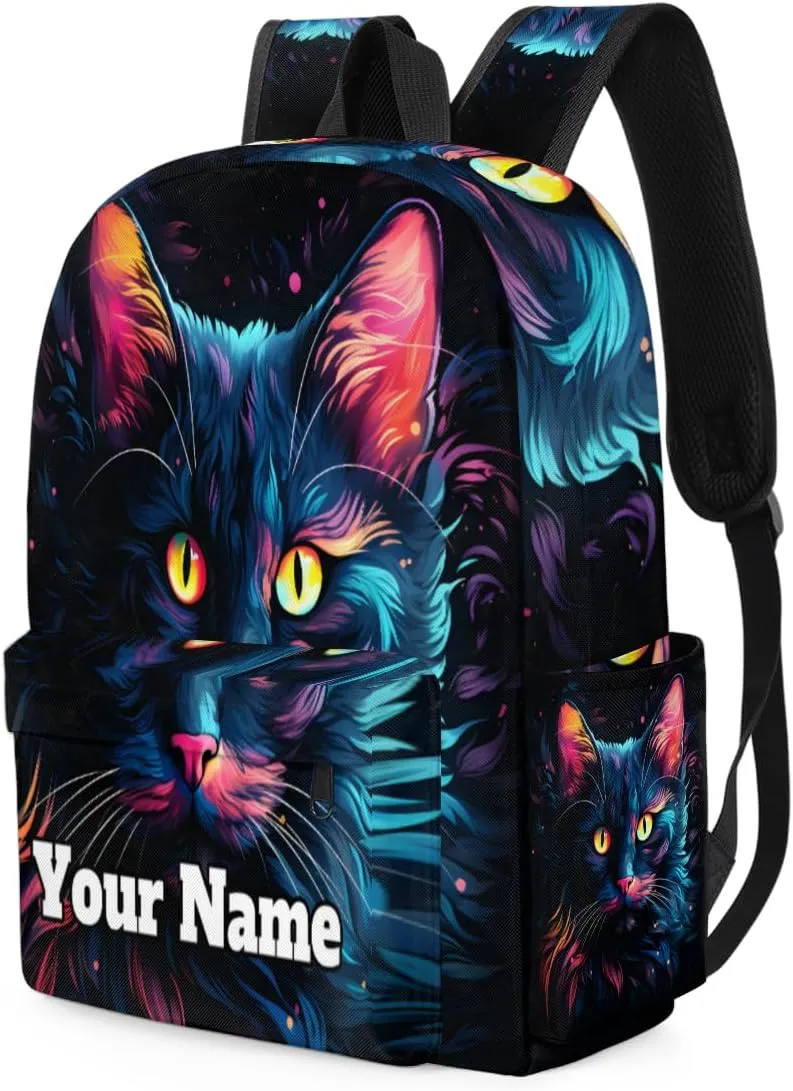 Personalized Cat Patterns Preschool Toddler Backpack for Boys Girls Custom Kids Name Small Bookbags Kindergarten Elementary Backpack, Black Cat