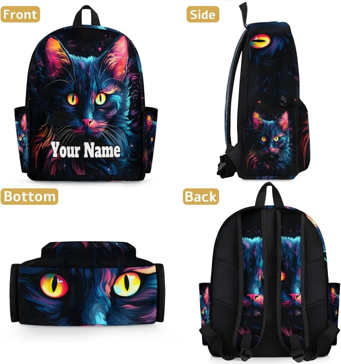 Personalized Cat Patterns Preschool Toddler Backpack for Boys Girls Custom Kids Name Small Bookbags Kindergarten Elementary Backpack, Black Cat