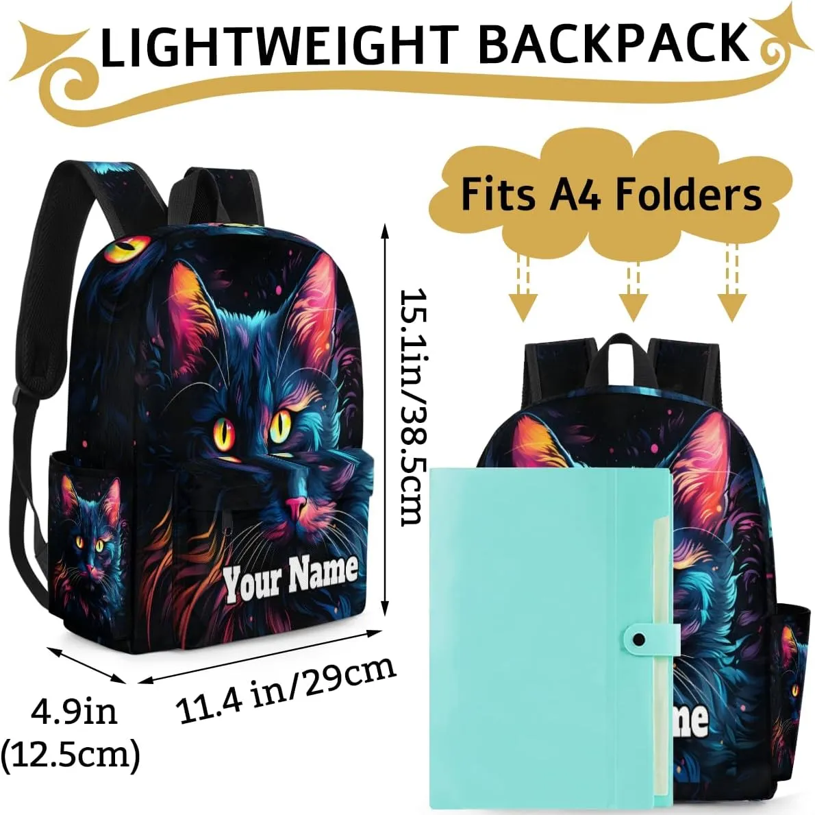 Personalized Cat Patterns Preschool Toddler Backpack for Boys Girls Custom Kids Name Small Bookbags Kindergarten Elementary Backpack, Black Cat