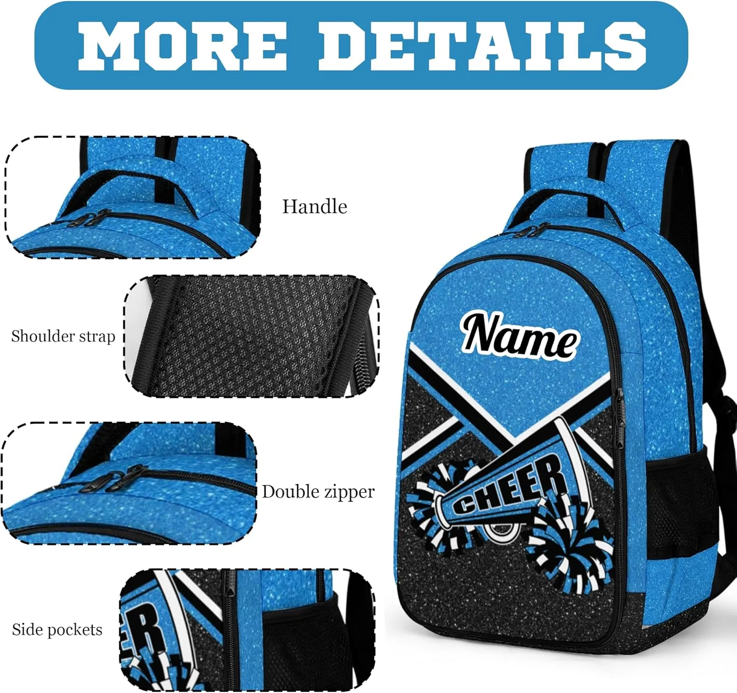 Personalized Cheer Backpack with Name, Custom Cheerleader Backpack, Customize Cheerleading Backpack for Women (Blue)