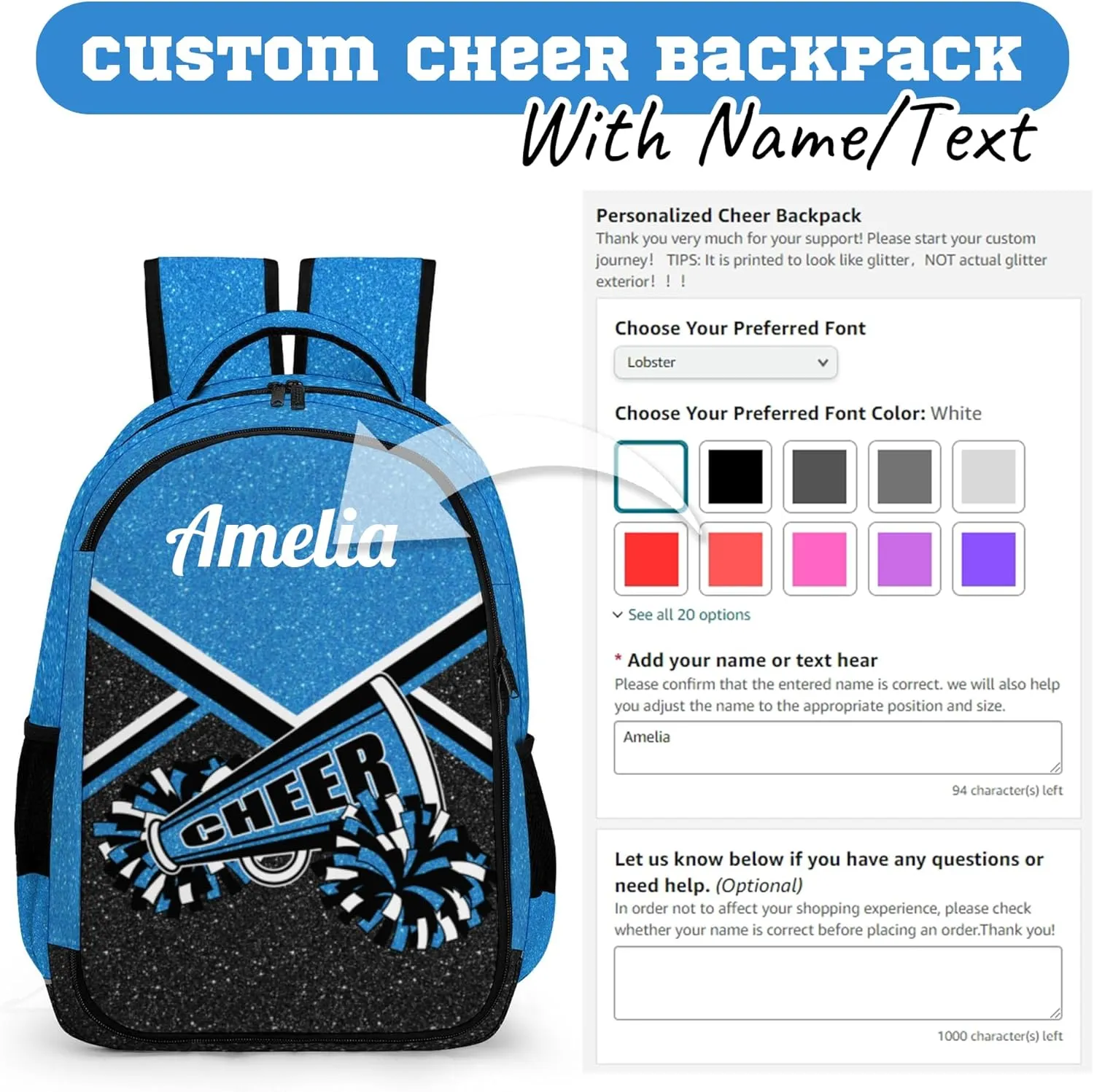 Personalized Cheer Backpack with Name, Custom Cheerleader Backpack, Customize Cheerleading Backpack for Women (Blue)