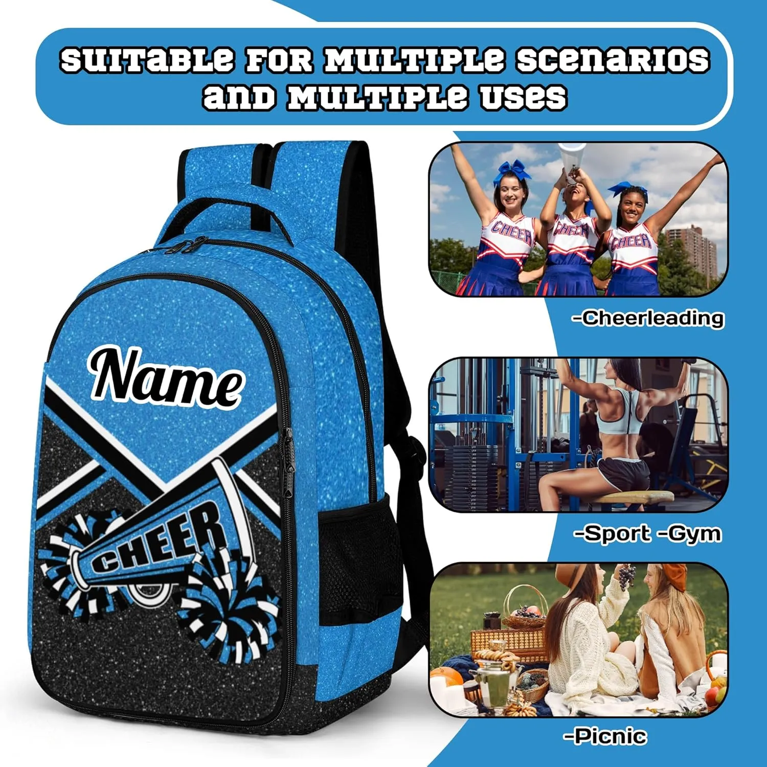 Personalized Cheer Backpack with Name, Custom Cheerleader Backpack, Customize Cheerleading Backpack for Women (Blue)