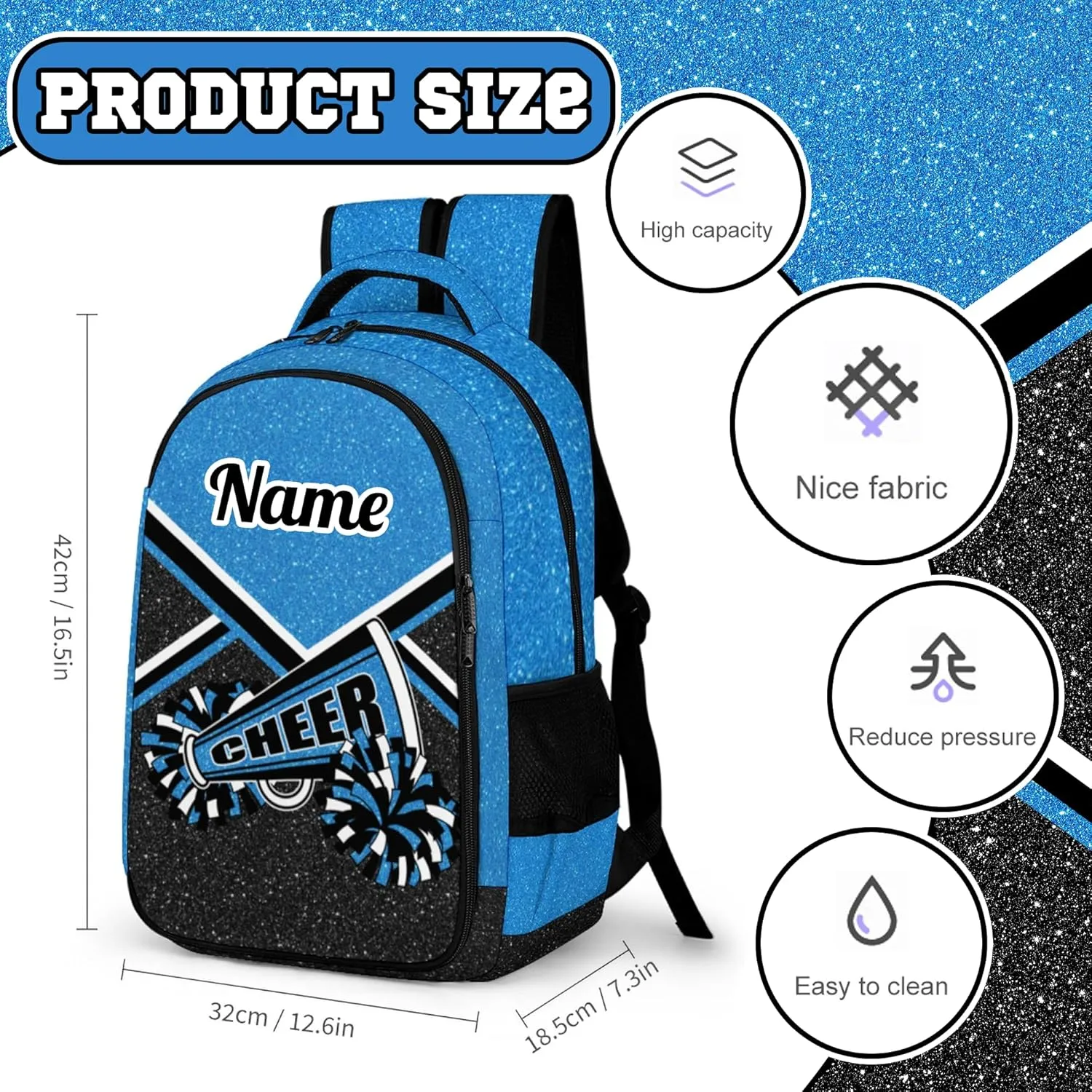 Personalized Cheer Backpack with Name, Custom Cheerleader Backpack, Customize Cheerleading Backpack for Women (Blue)