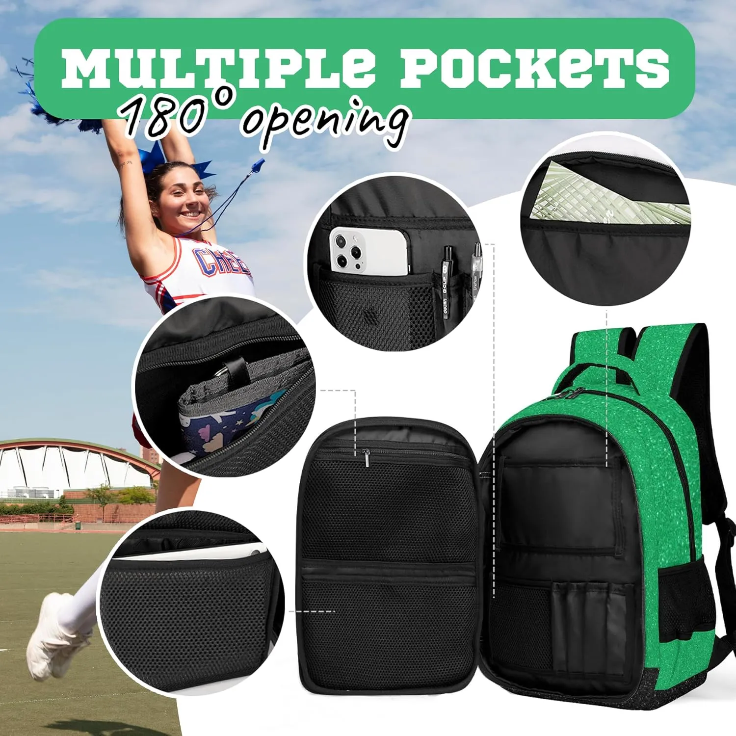 Personalized Cheer Backpack with Name, Custom Cheerleader Backpack, Customize Cheerleading Backpack for Women (Green)