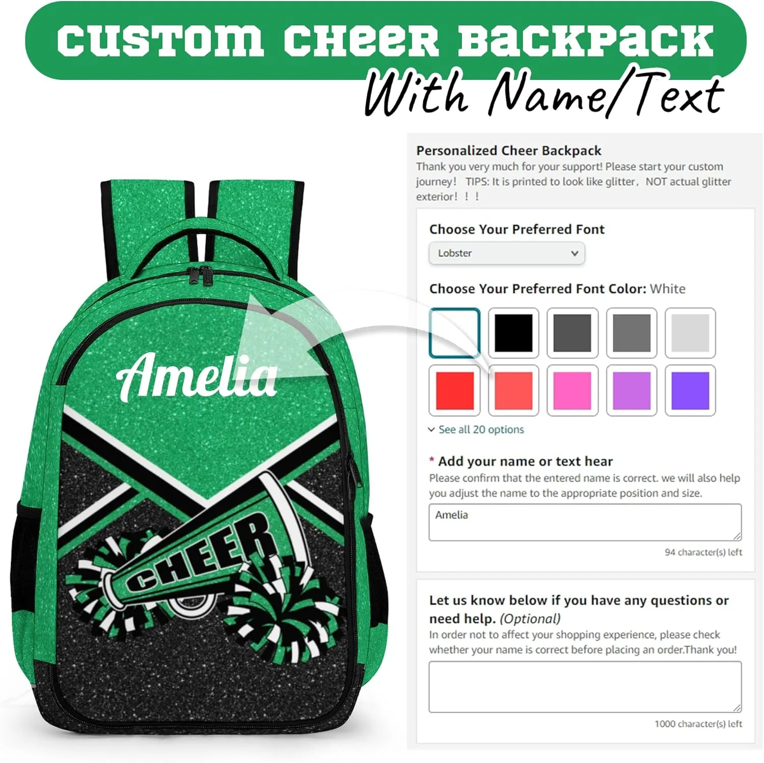 Personalized Cheer Backpack with Name, Custom Cheerleader Backpack, Customize Cheerleading Backpack for Women (Green)