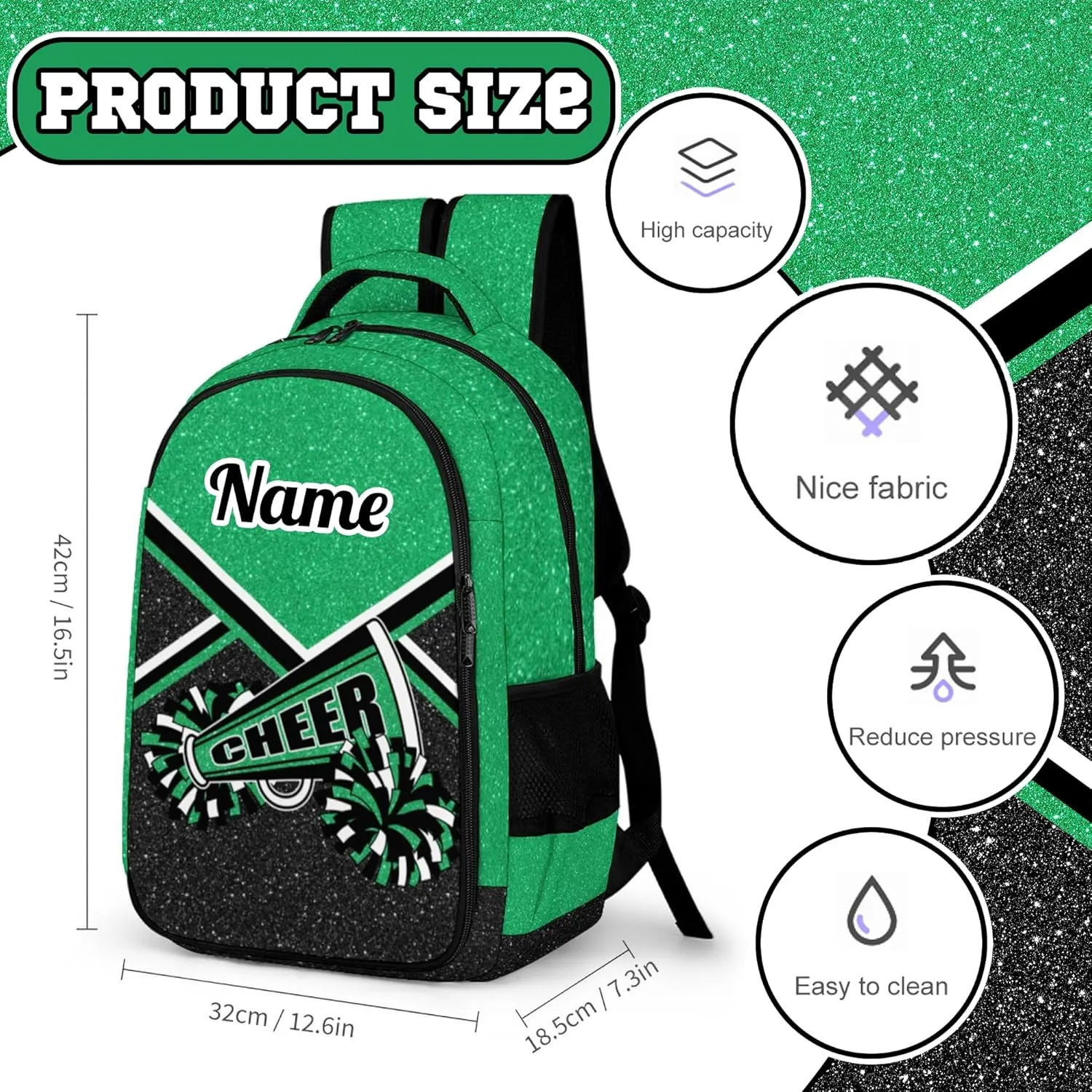 Personalized Cheer Backpack with Name, Custom Cheerleader Backpack, Customize Cheerleading Backpack for Women (Green)