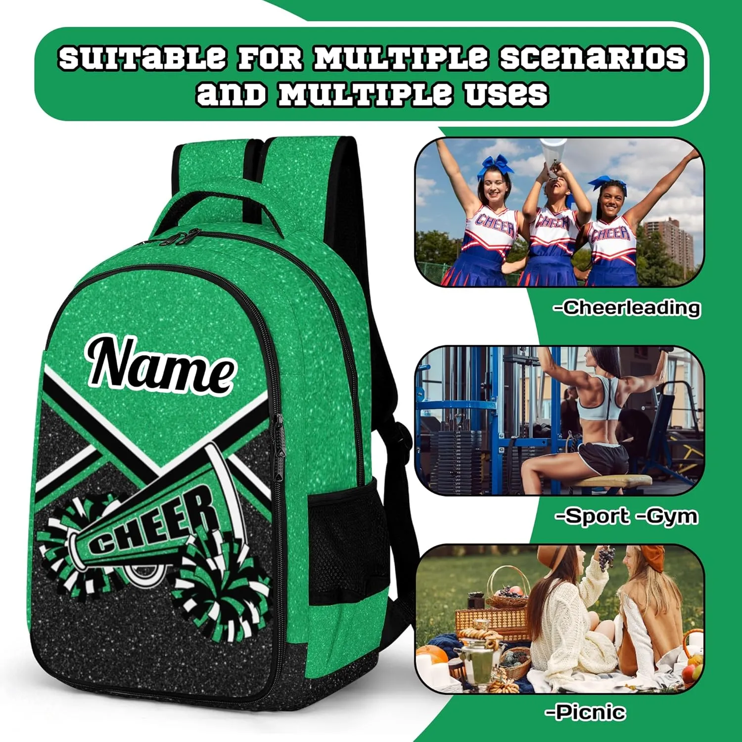 Personalized Cheer Backpack with Name, Custom Cheerleader Backpack, Customize Cheerleading Backpack for Women (Green)