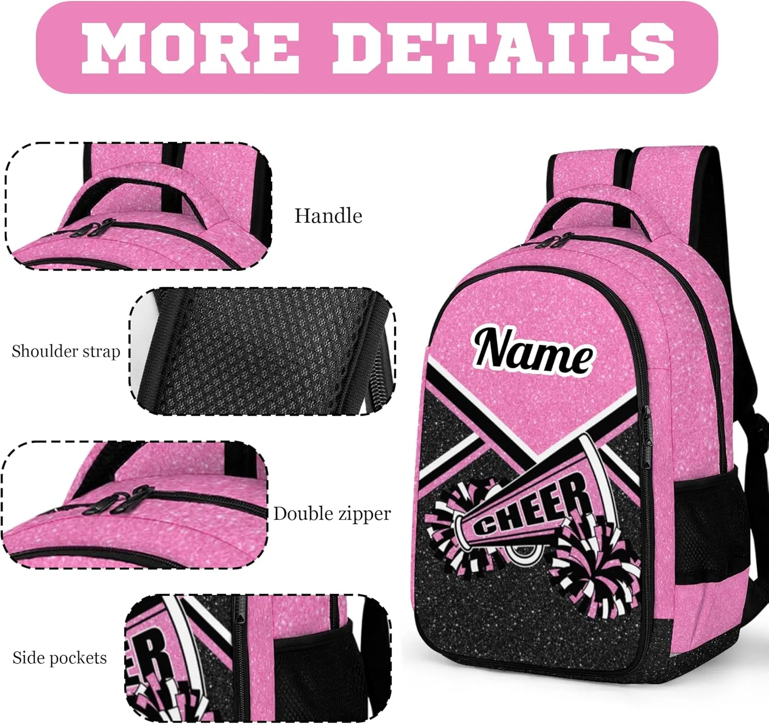 Personalized Cheer Backpack with Name, Custom Cheerleader Backpack, Customize Cheerleading Backpack for Women (Pink)