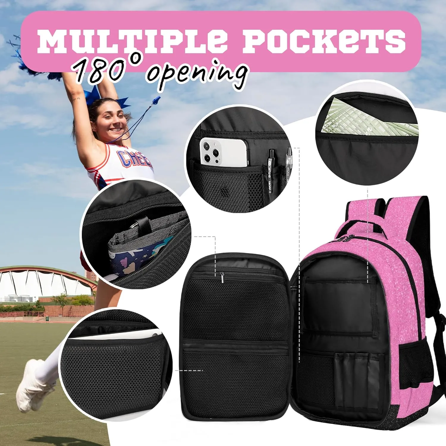 Personalized Cheer Backpack with Name, Custom Cheerleader Backpack, Customize Cheerleading Backpack for Women (Pink)