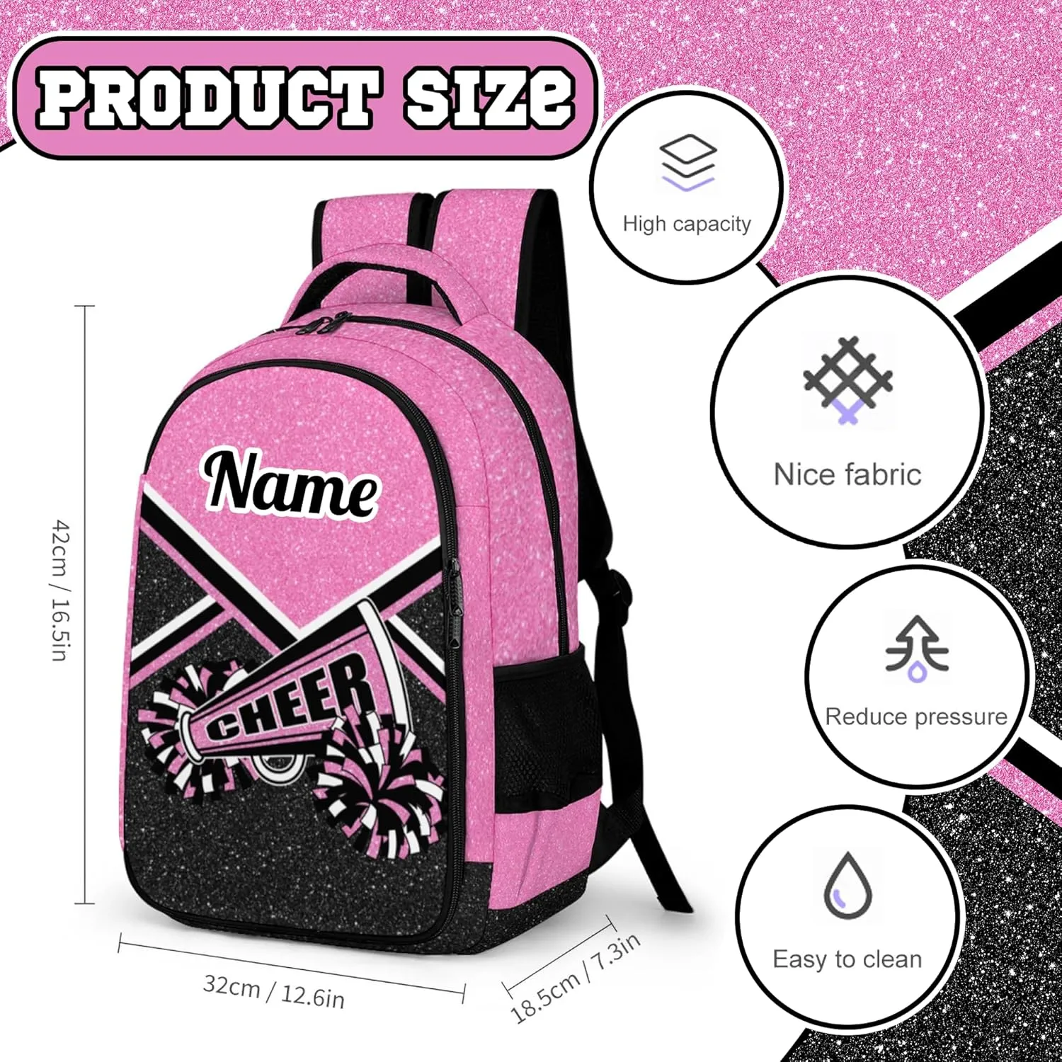 Personalized Cheer Backpack with Name, Custom Cheerleader Backpack, Customize Cheerleading Backpack for Women (Pink)