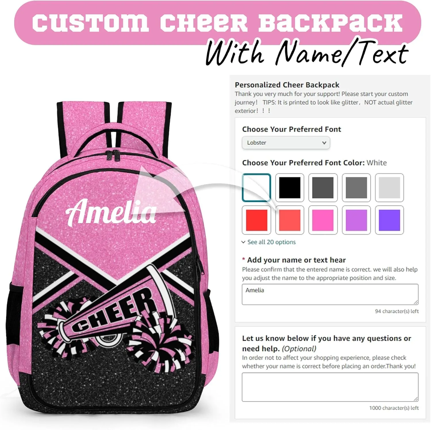 Personalized Cheer Backpack with Name, Custom Cheerleader Backpack, Customize Cheerleading Backpack for Women (Pink)