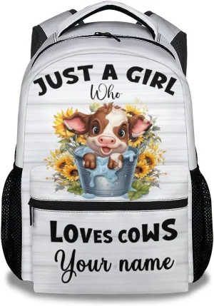 Personalized Cow Backpack for Girls Boys, 16 Inch Backpacks for School, Cute, Adjustable Straps, Durable, Lightweight, Large Capacity Bookbag for Kids