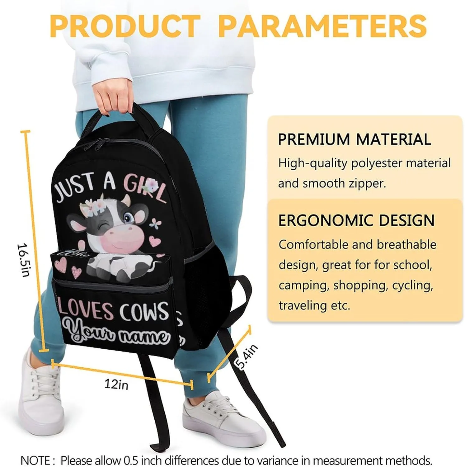 Personalized Cow Backpack for Girls Boys, 16 Inch Backpacks for School, Cute, Adjustable Straps, Durable, Lightweight, Large Capacity Bookbag for Kids