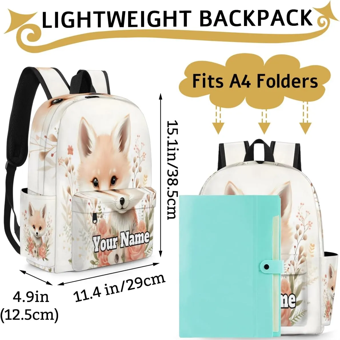 Personalized Cute Fox Preschool Toddler Backpack for Boys Girls Custom Kids Name Small Bookbags Kindergarten Elementary Backpack, Floral