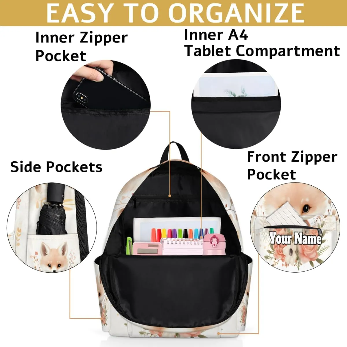 Personalized Cute Fox Preschool Toddler Backpack for Boys Girls Custom Kids Name Small Bookbags Kindergarten Elementary Backpack, Floral
