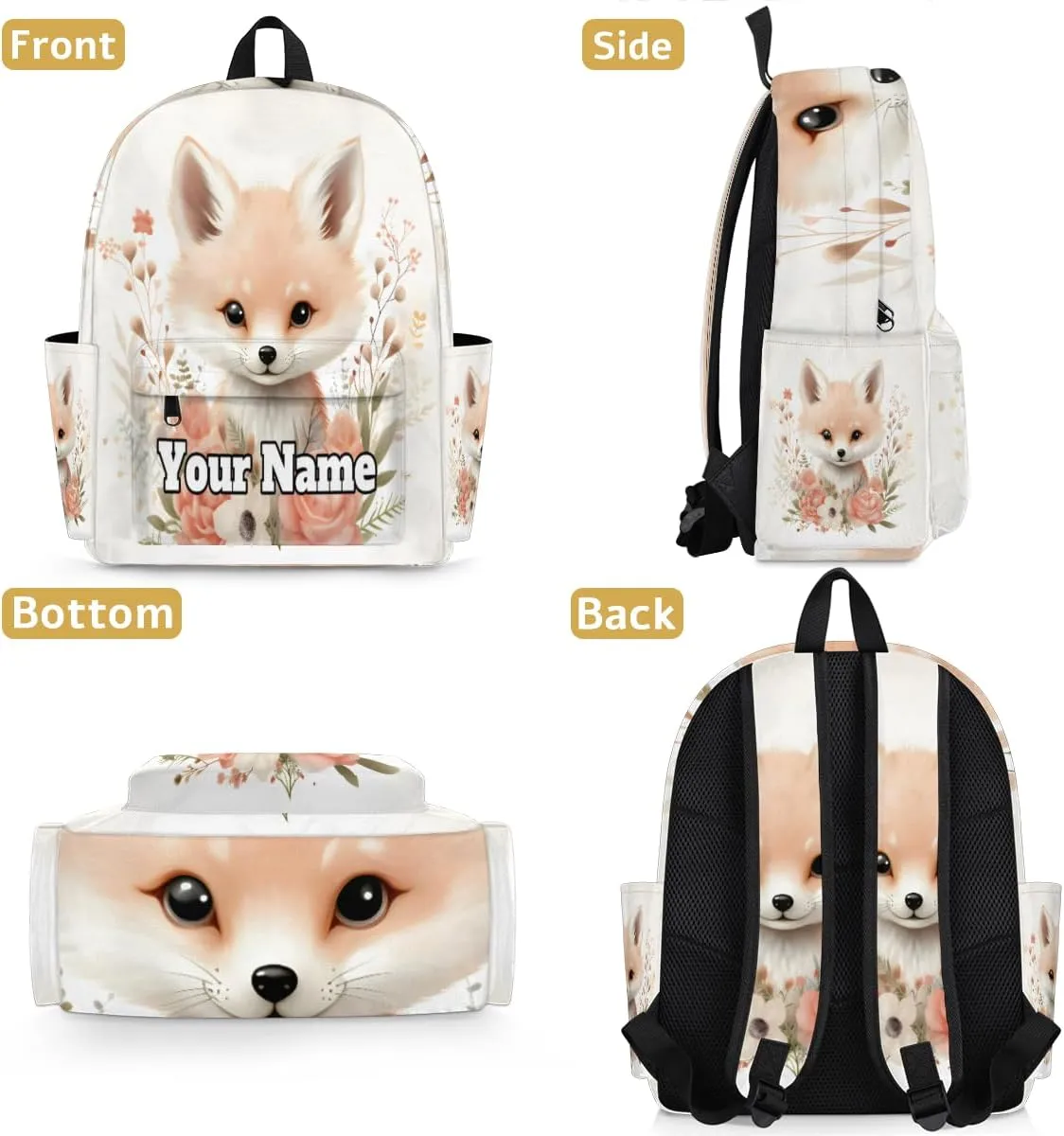 Personalized Cute Fox Preschool Toddler Backpack for Boys Girls Custom Kids Name Small Bookbags Kindergarten Elementary Backpack, Floral