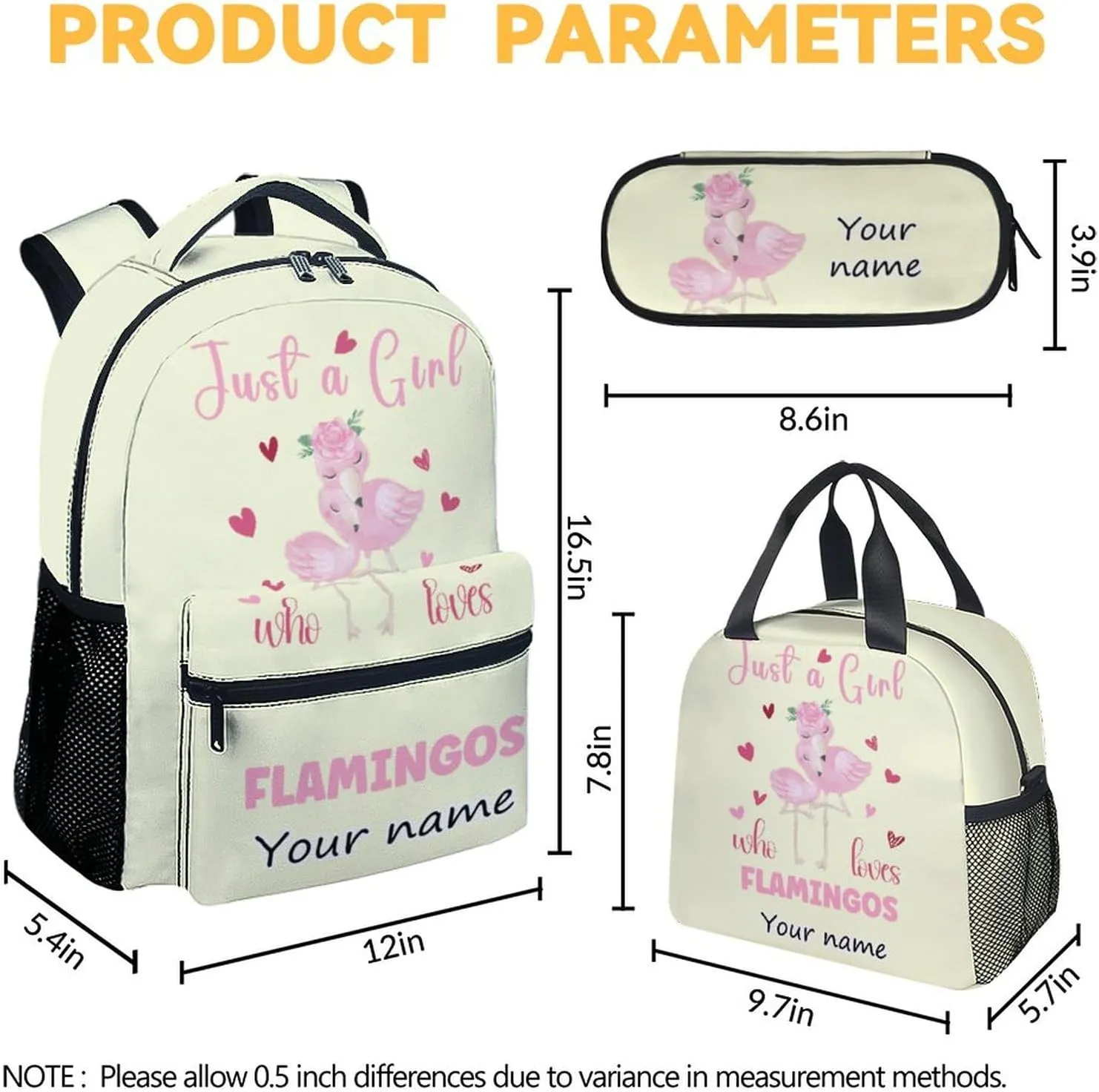 Personalized Flamingo Backpack with Lunch Box Set for Girls - 3 in 1 Primary Middle School Backpacks Matching Combo - Large Capacity, Durable, Lightweight, Yellow Bookbag and Pencil Case Bundle